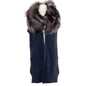 Linda Richards Luxury Wool Sweater with Silver Fox Fur Trim Black XS